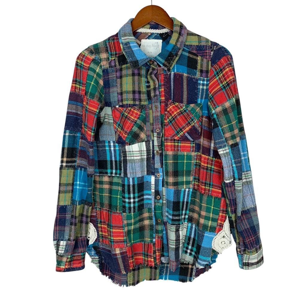 Free People Patchwork Plaid Button-Down Shirt in Red, Green, Blue